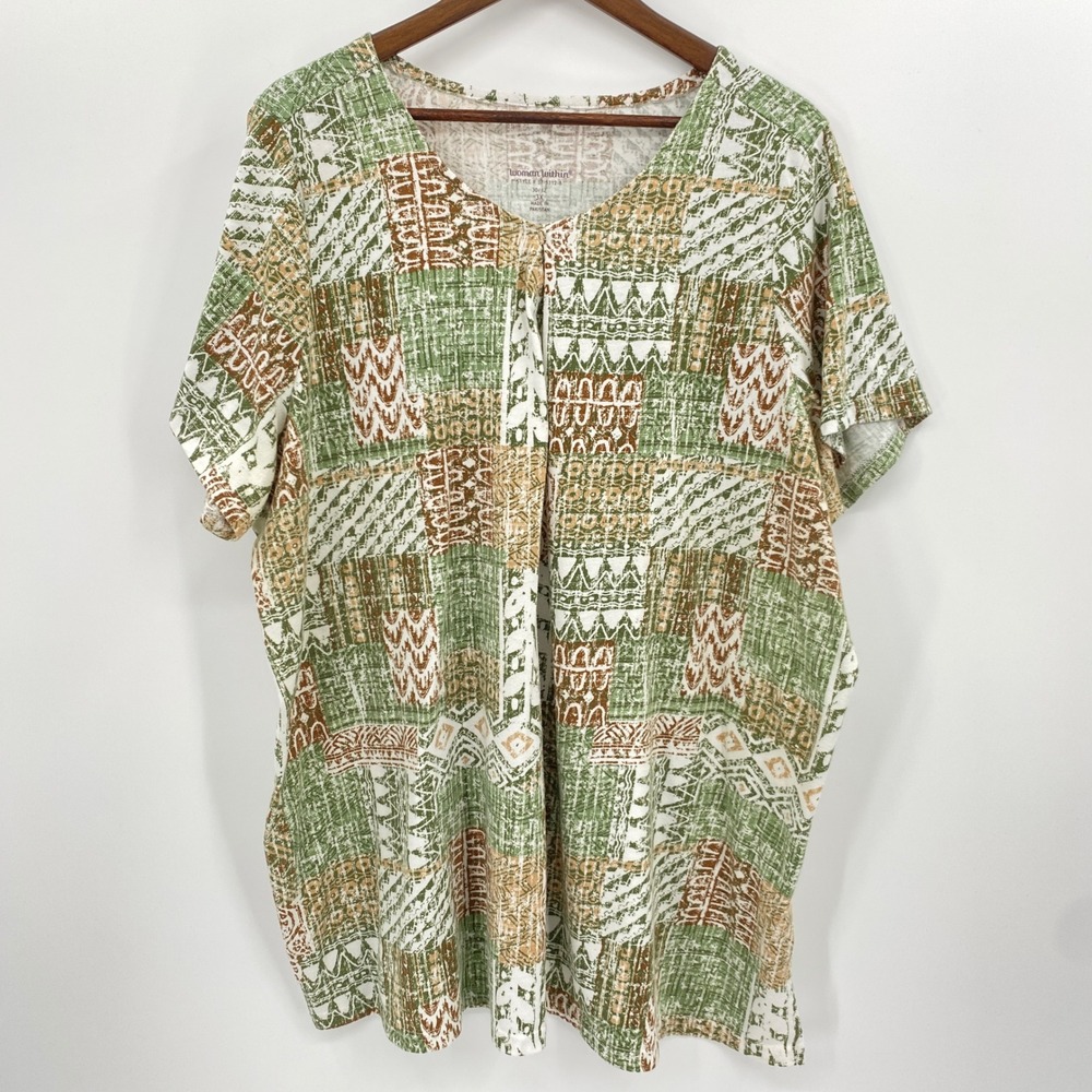 Woman Within Tunic Top Womens 3X Green Tan Geometric Patchwork Boho Short Sleeve